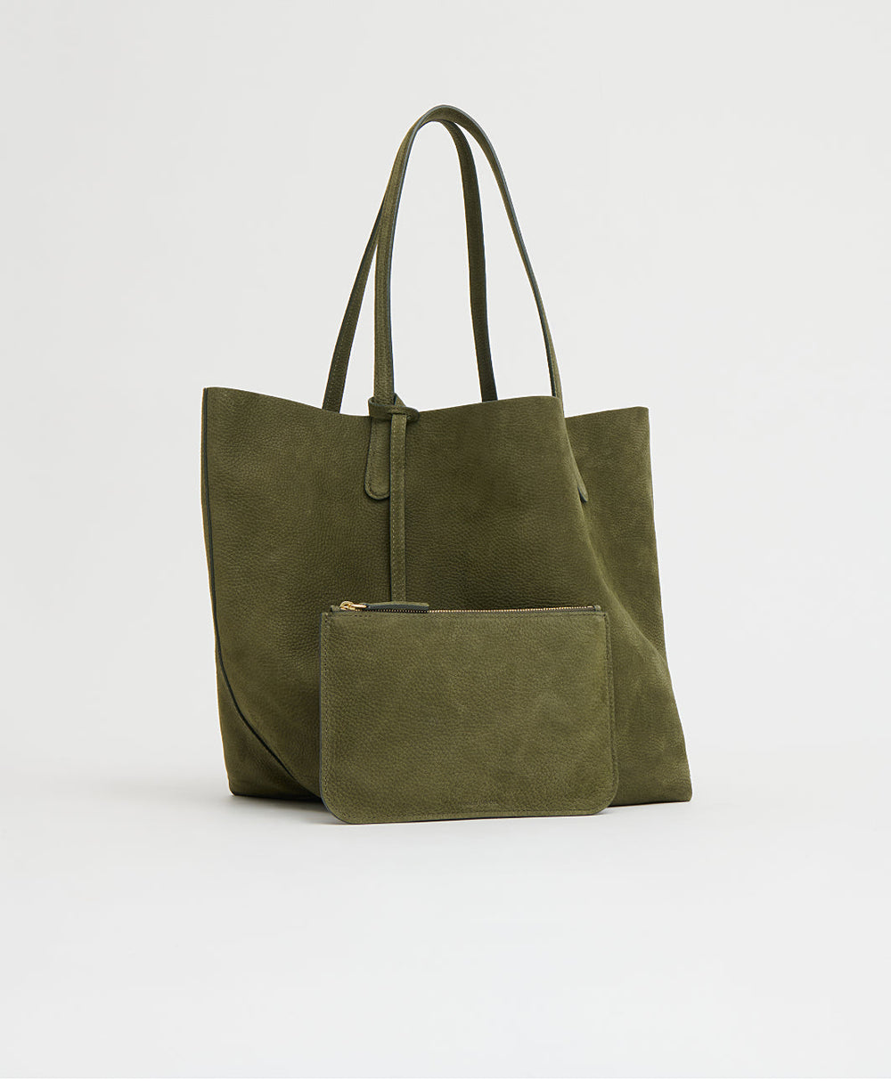 Front view of Everyday Soft Tote in algae showing nubuck leather, reinforced handles, and matching pouch