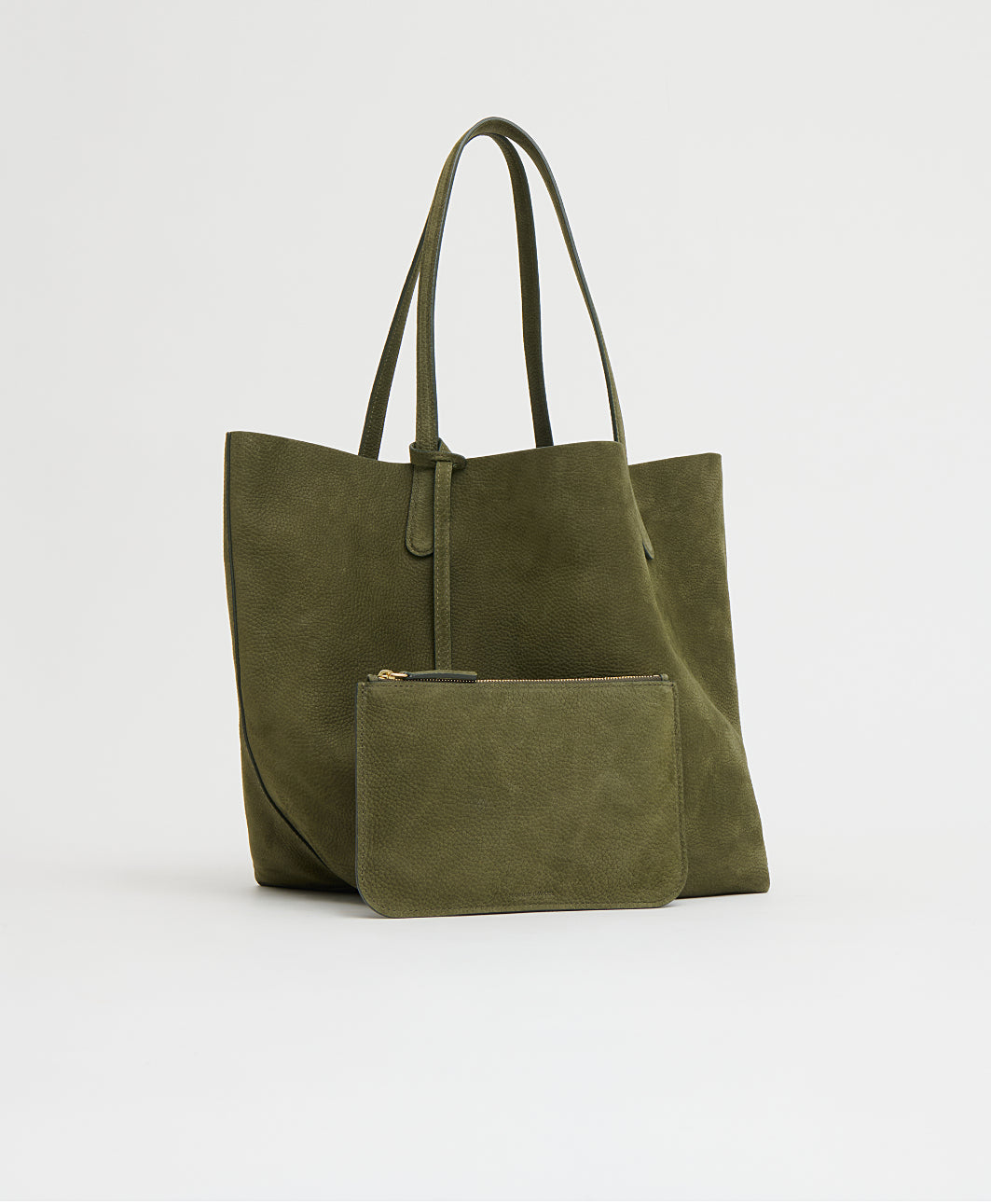 Front view of Everyday Soft Tote in algae showing nubuck leather, reinforced handles, and matching pouch
