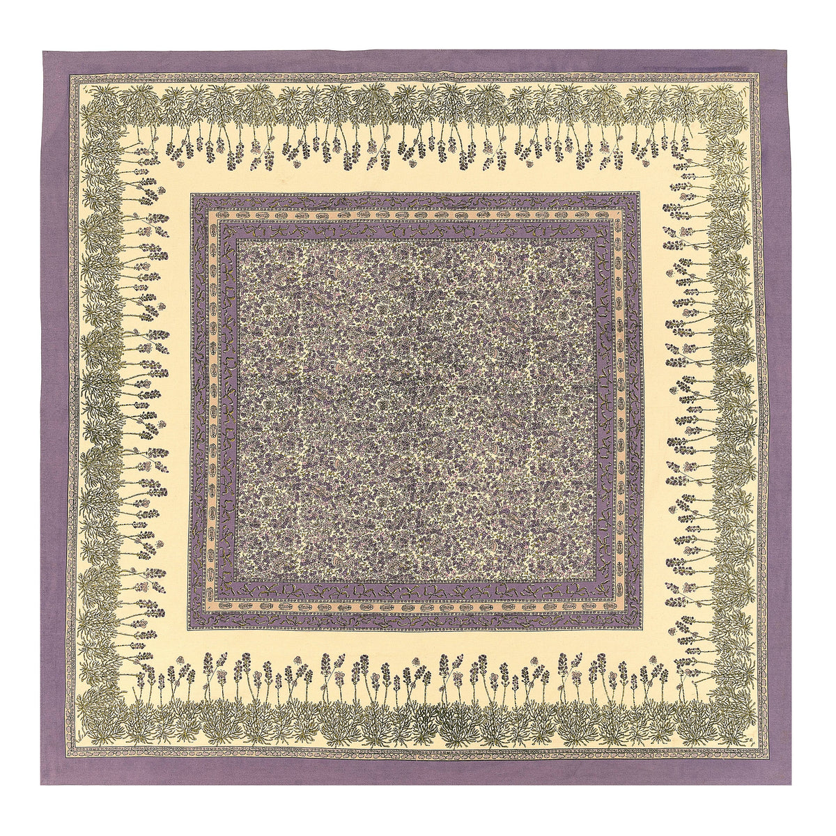 Flat lay of French Tablecloth Lavender showcasing a lavender field pattern in amethyst, chartreuse, and pink