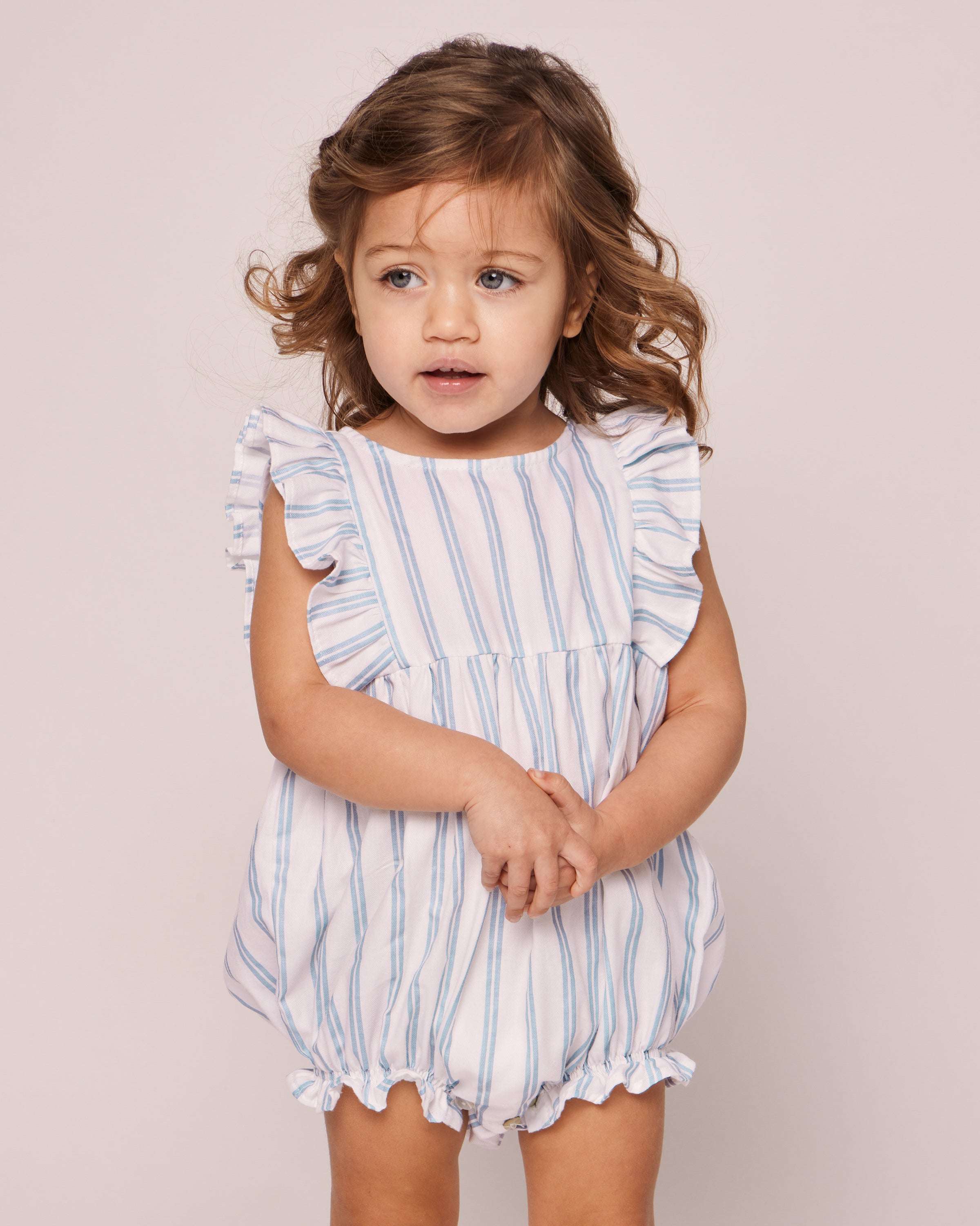 Baby’s Twill Ruffled Romper in Periwinkle Stripe