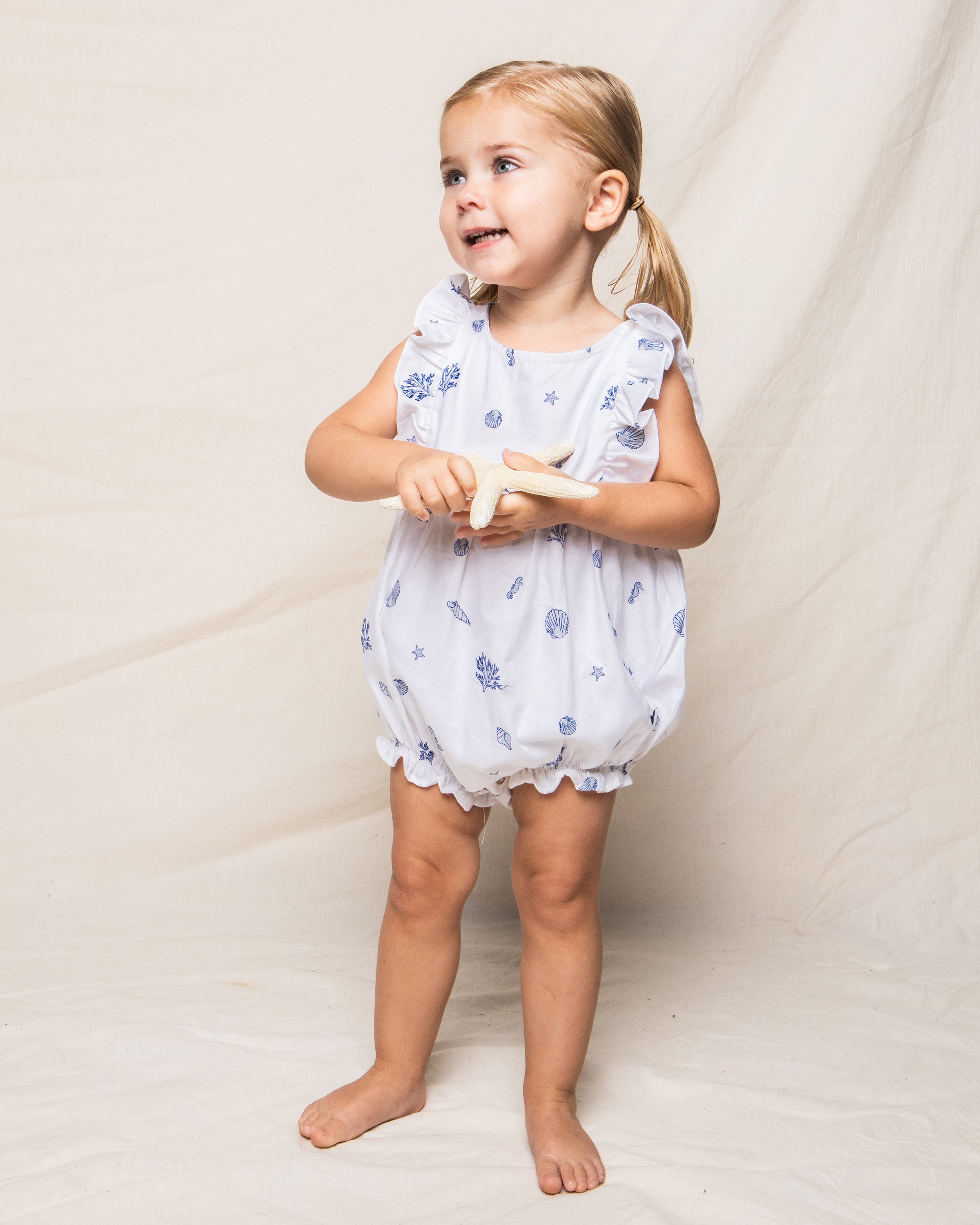 Baby’s Twill Ruffled Romper in Suffolk Seashells