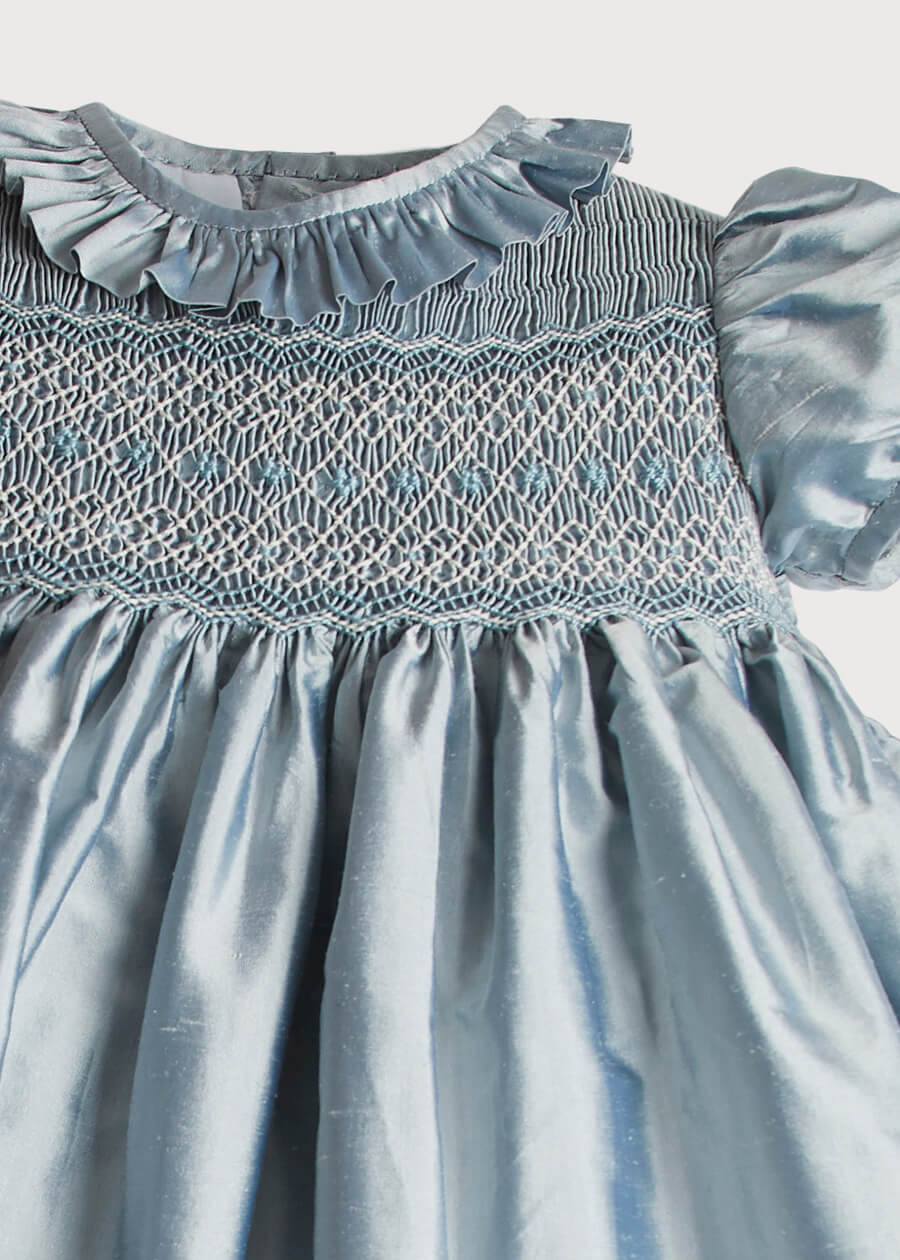 Girls Silk Hand Smocked Celebration Dress in Blue (6mths-10yrs) Dresses from Pepa London