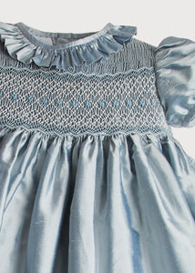 Girls Silk Hand Smocked Celebration Dress in Blue (6mths-10yrs) Dresses from Pepa London