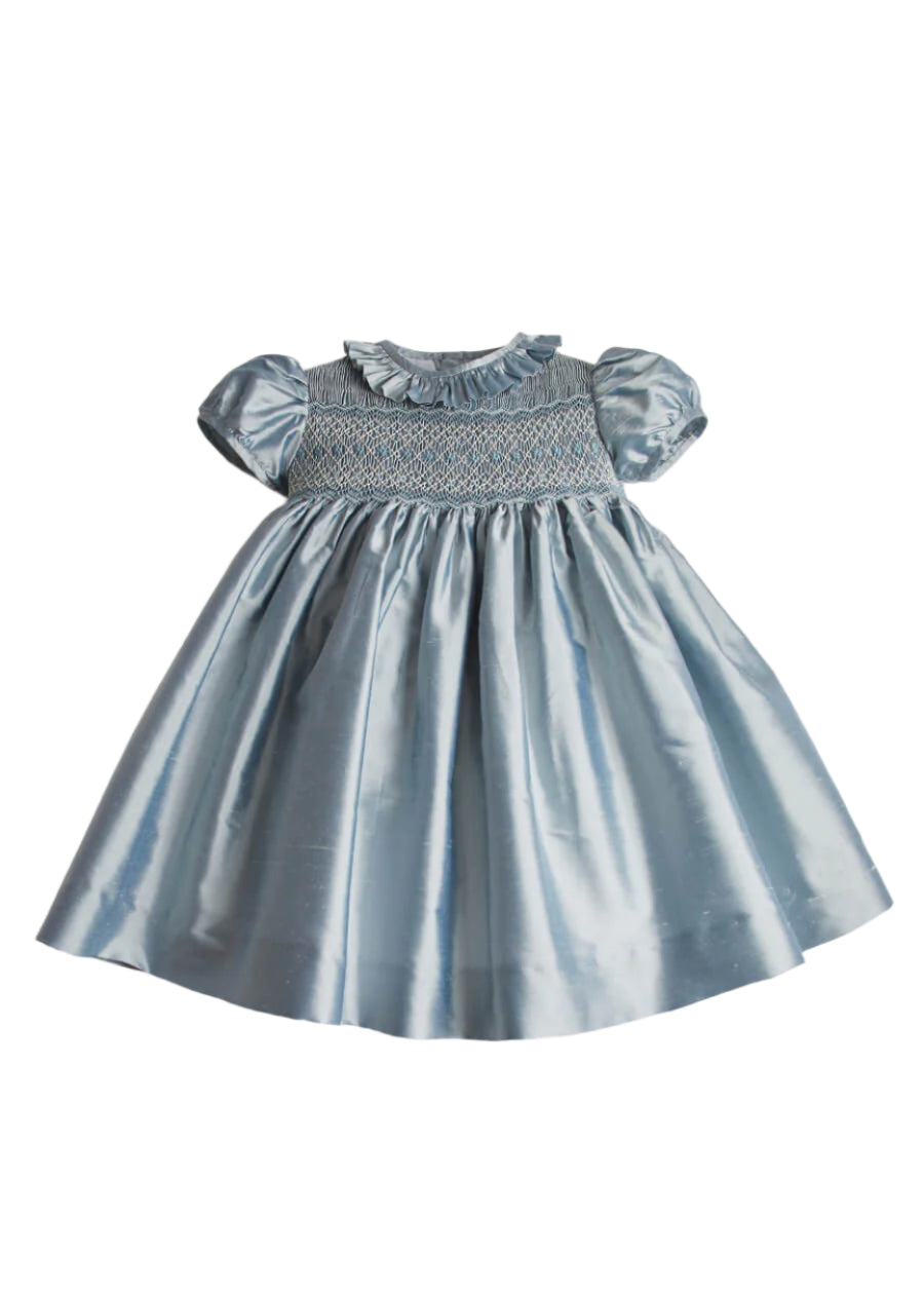 Girls Silk Hand Smocked Celebration Dress in Blue (6mths-10yrs) Dresses from Pepa London