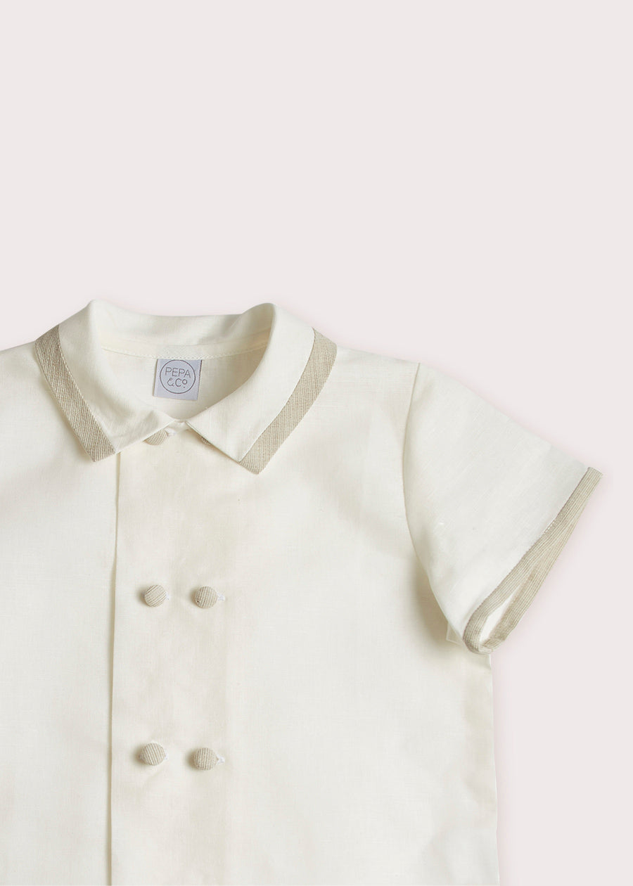Linen Boys Celebration Shirt White with Beige Piping (4-10yrs) Shirts  from Pepa London