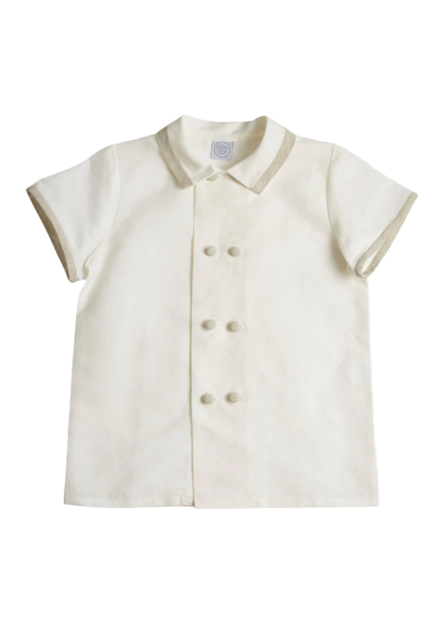 Linen Boys Celebration Shirt White with Beige Piping (4-10yrs) Shirts  from Pepa London