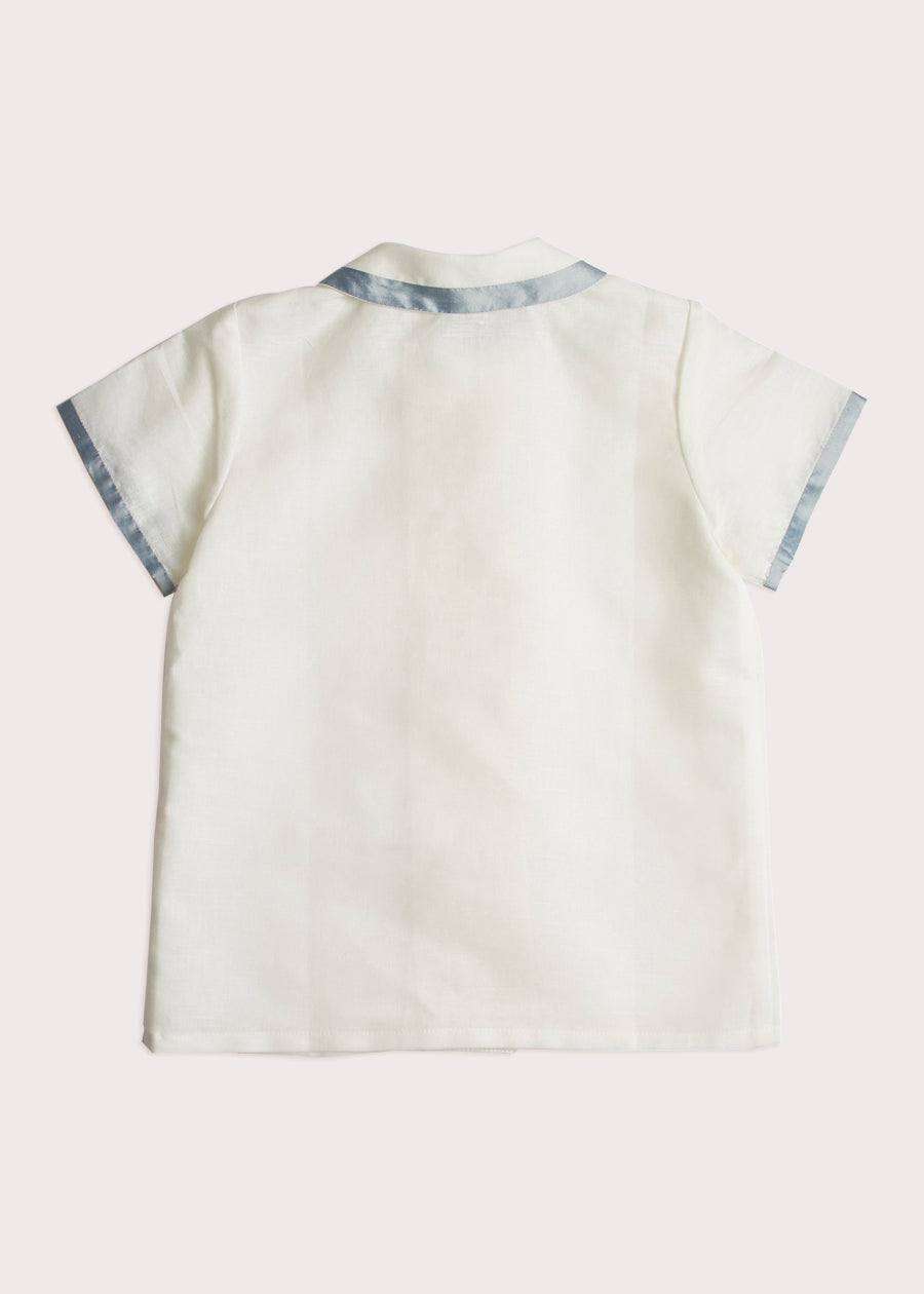 Linen Boys Celebration Shirt White with Blue Silk piping (3-10yrs) Shirts from Pepa London