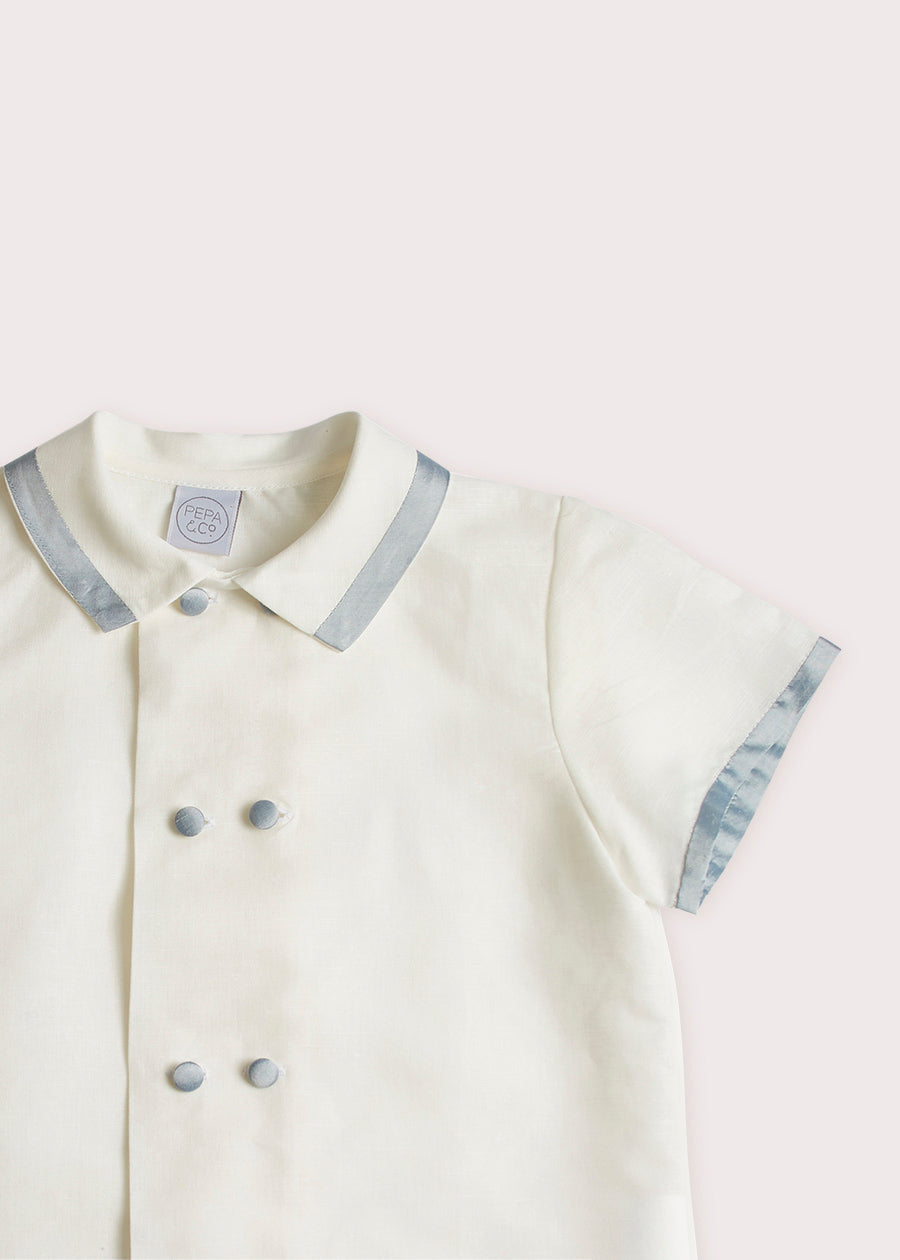 Linen Boys Celebration Shirt White with Blue Silk piping (3-10yrs) Shirts from Pepa London