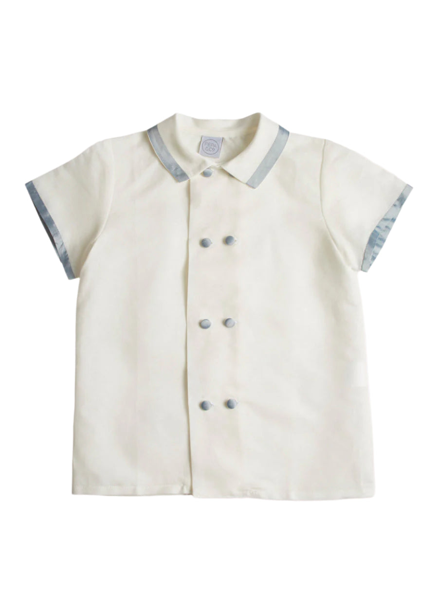 Linen Boys Celebration Shirt White with Blue Silk piping (3-10yrs) Shirts from Pepa London