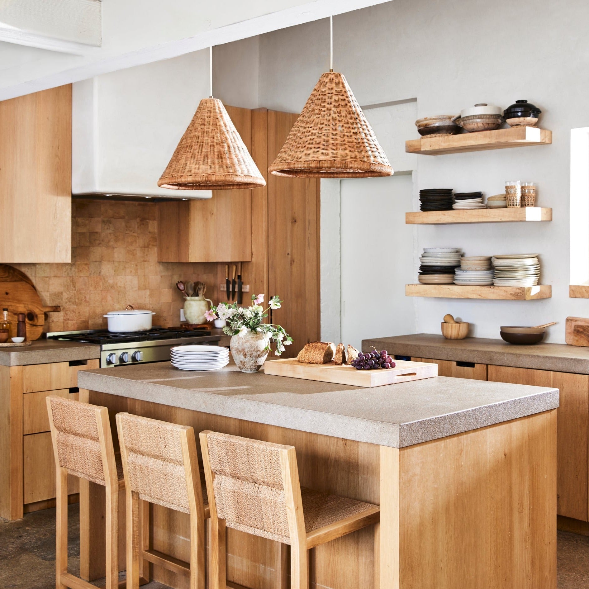 kasbah rattan tall pendant over kitchen island
