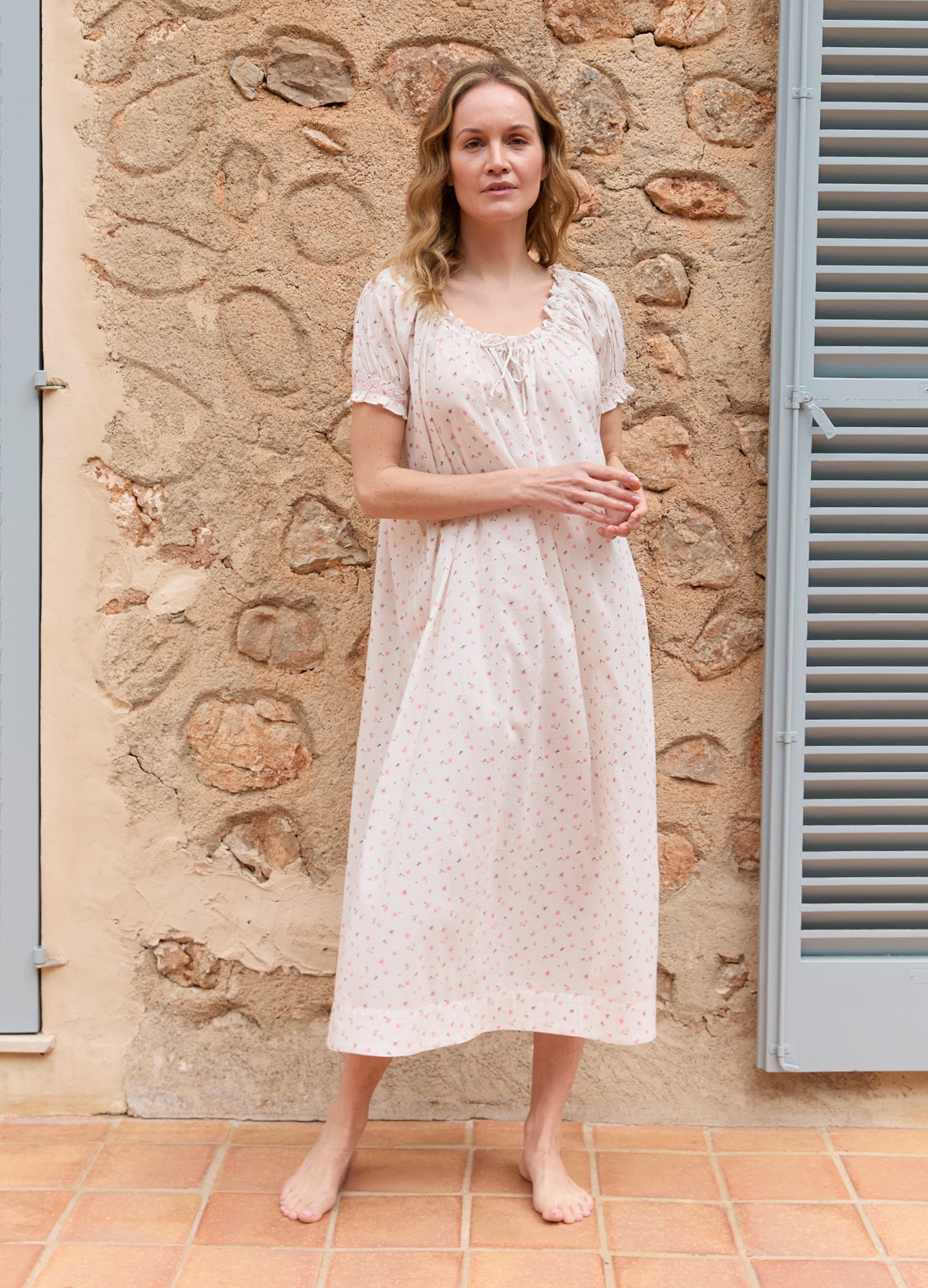 Clover Long Cotton Nightdress in Pink Cornflower