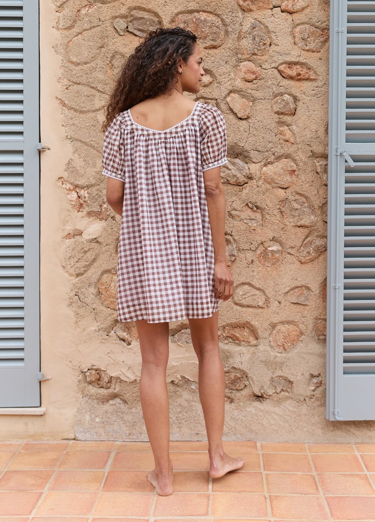 Brigitte Cotton Nightdress in Chocolate Gingham