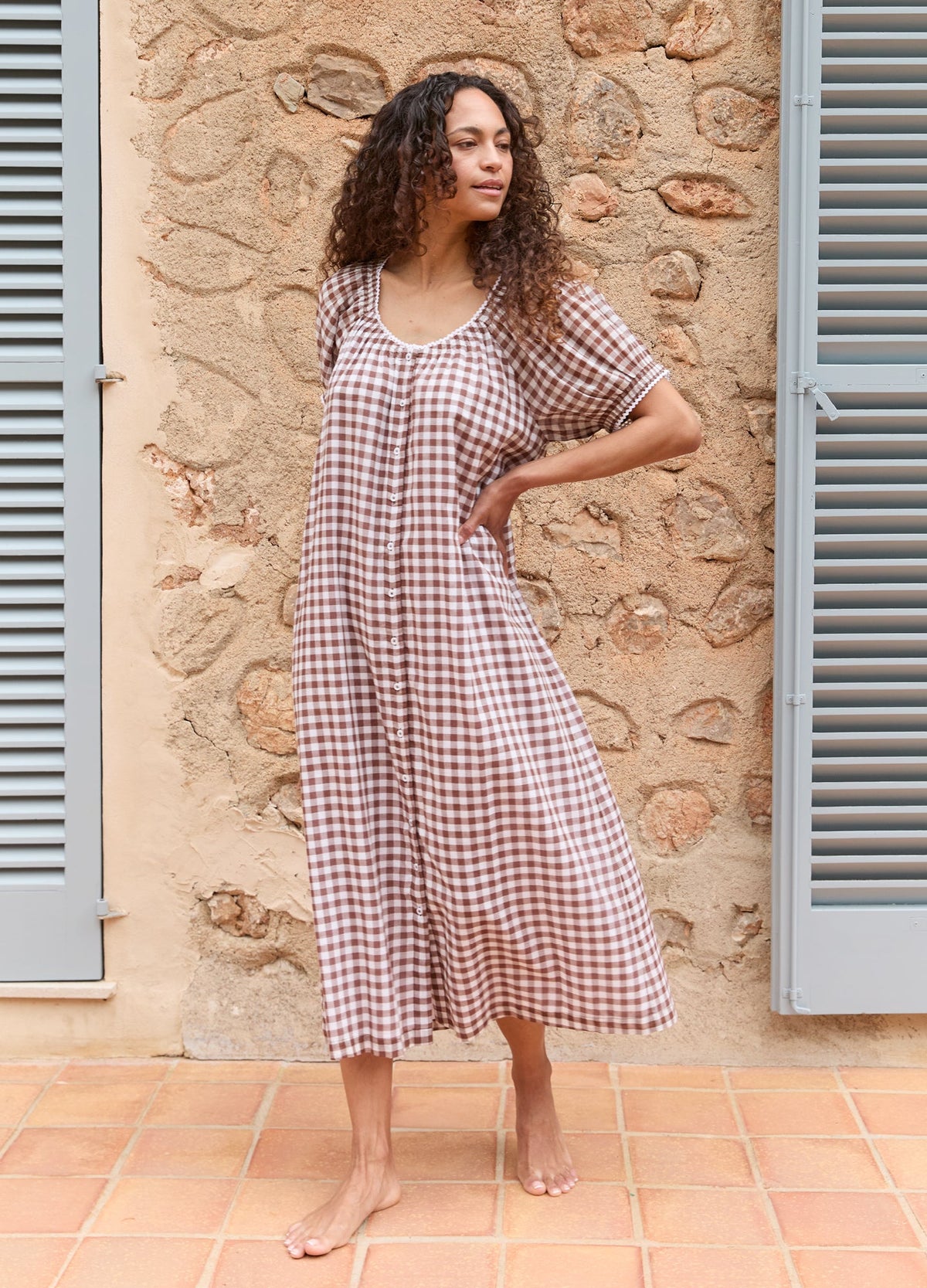 Elle Cotton Nightdress in Chocolate Gingham