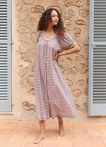 Elle Cotton Nightdress in Chocolate Gingham