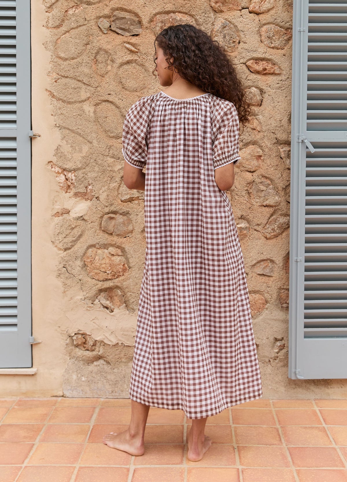 Elle Cotton Nightdress in Chocolate Gingham