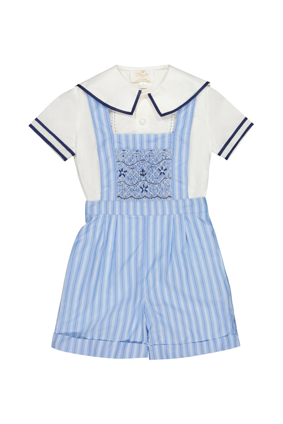 Front view of George blue-striped short overalls with white sailor-collar shirt, smocked embroidered bib and navy trim