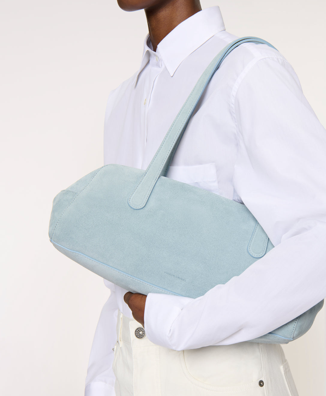 Helios - Baby Blue Suede on model 
