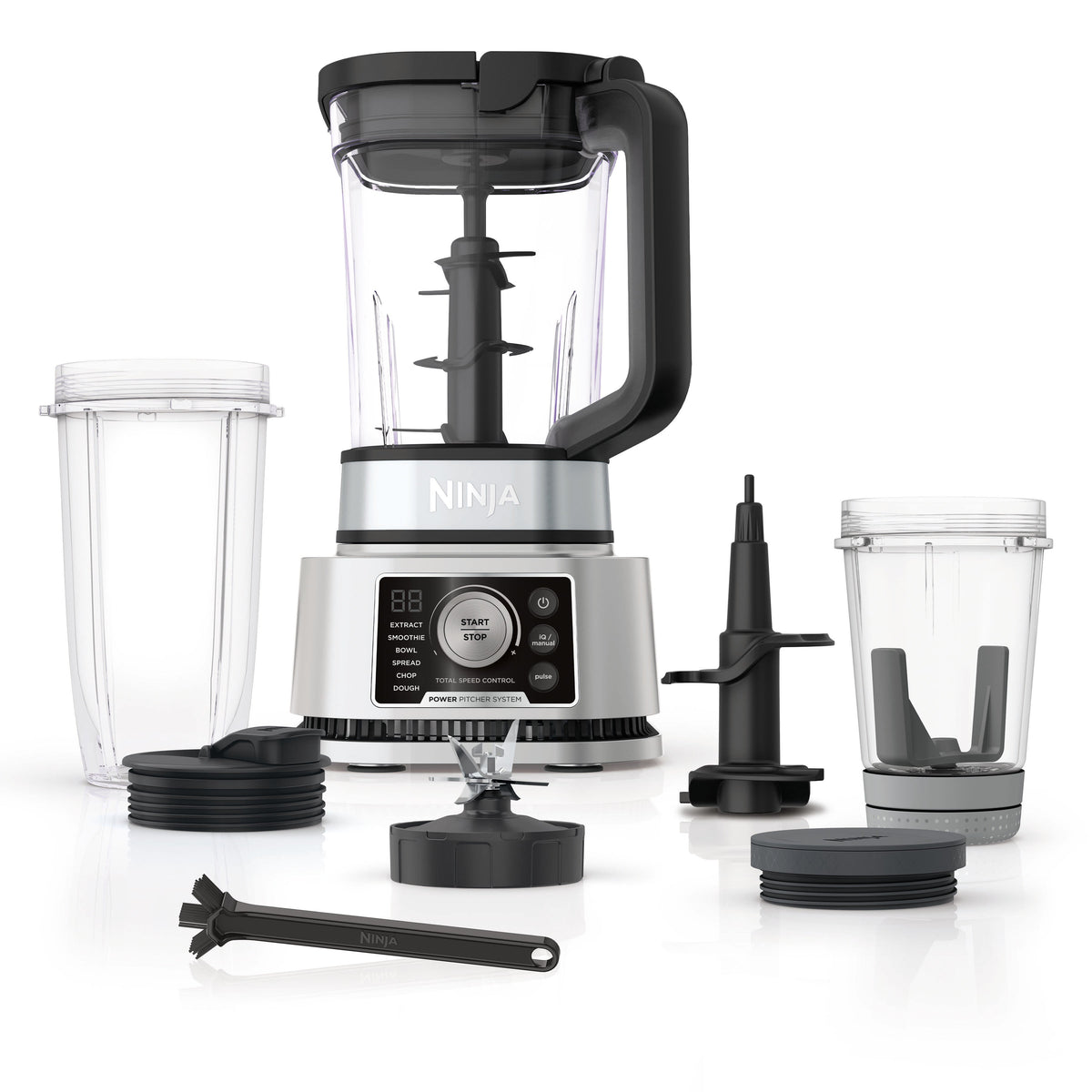 Front view of Ninja Foodi Power Blender & Processor System showing clear pitcher, digital control panel, blade attachment, and accessories on white background