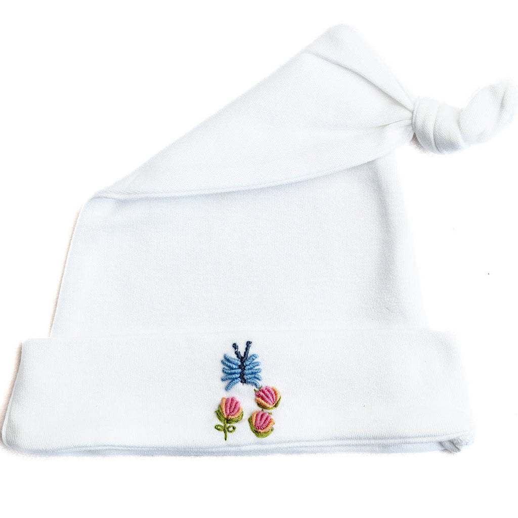 Knotted Baby Hat in Combed Cotton Embroidered