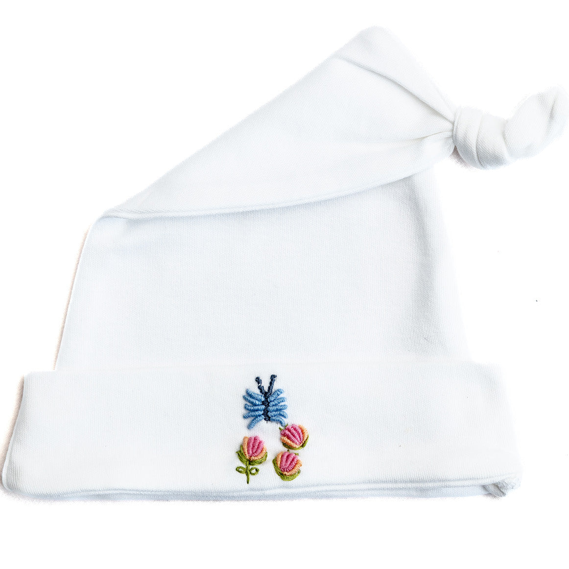 Knotted Baby Hat in Combed Cotton Embroidered