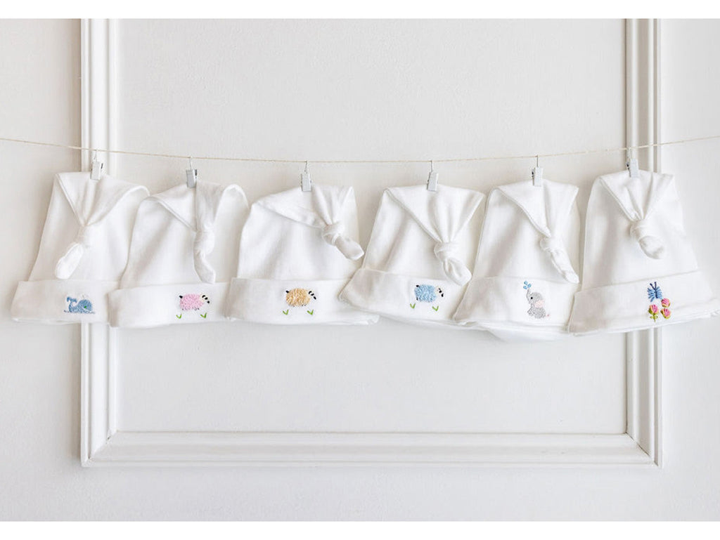 Knotted Baby Hat in Combed Cotton Embroidered
