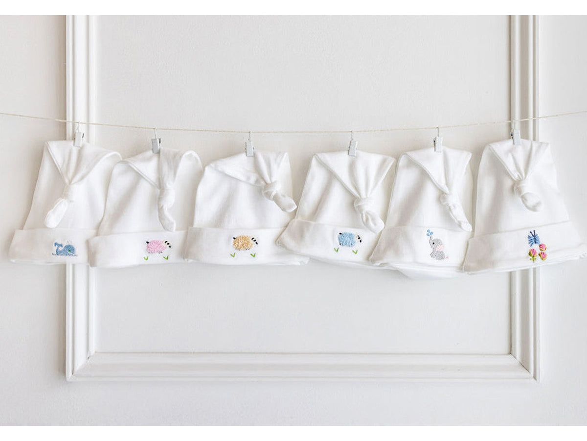 Knotted Baby Hat in Combed Cotton Embroidered