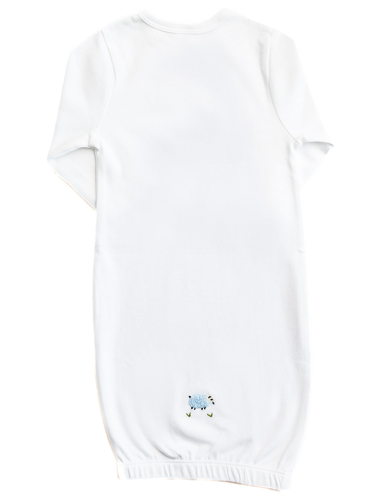 White baby onesie with a small embroidered design on a white background