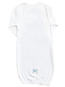 White baby onesie with a small embroidered design on a white background