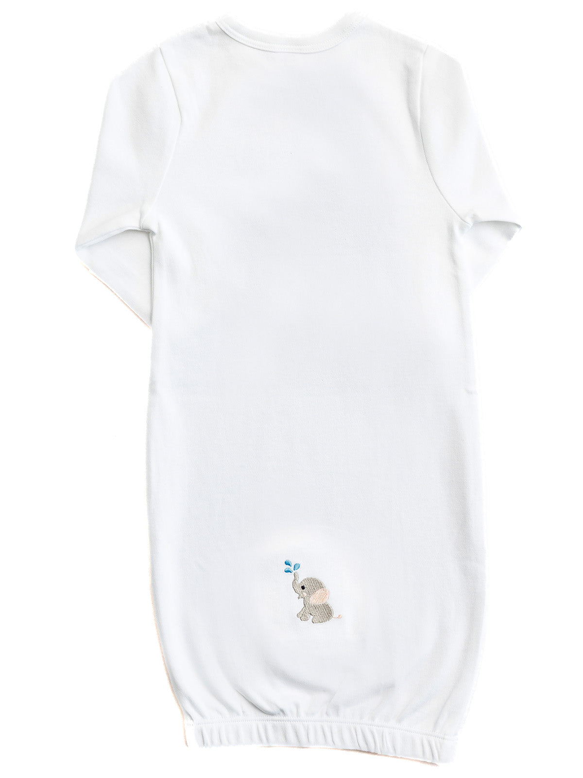 White baby onesie with a small embroidered design on a white background