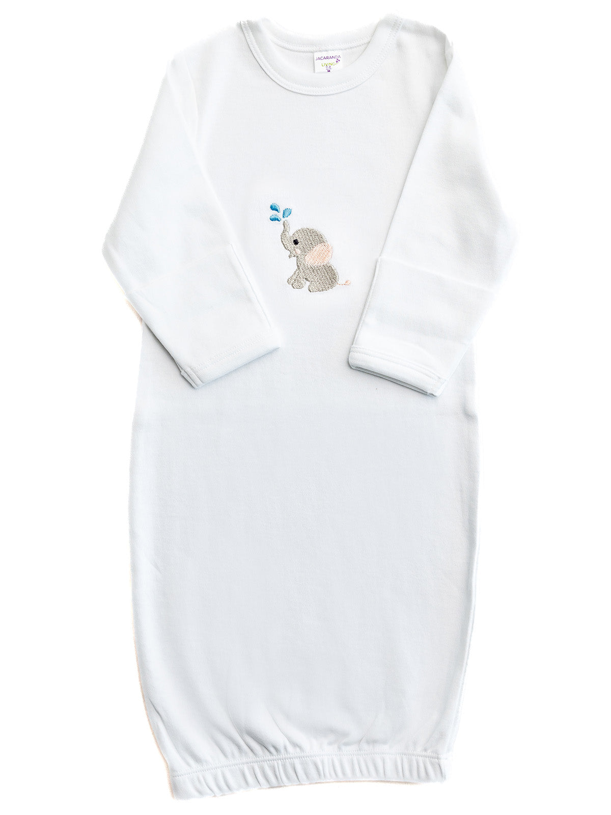 White baby swaddle with embroidered elephant design on a white background