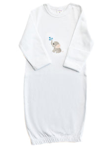 White baby swaddle with embroidered elephant design on a white background