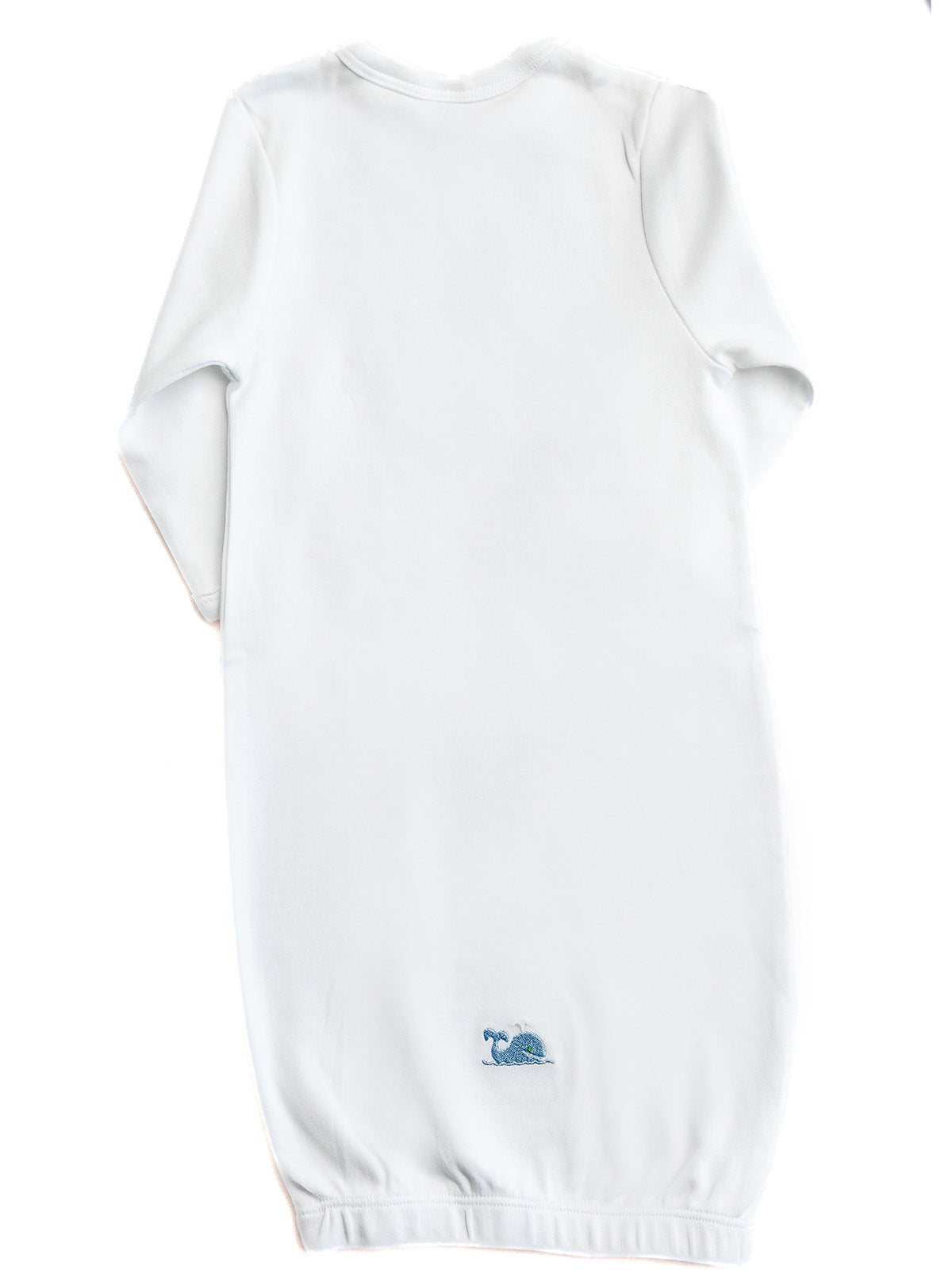 White baby onesie with a small blue logo on a white background