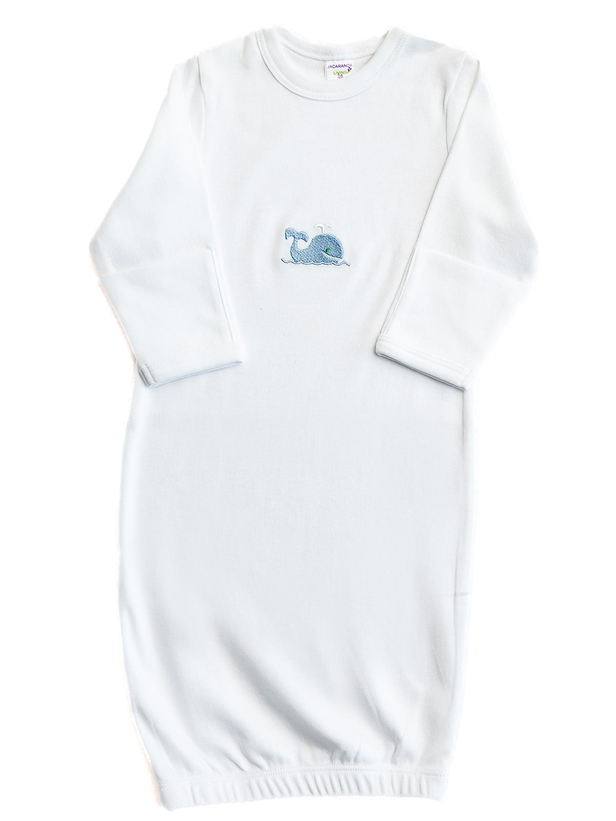 White baby gown with blue logo on a white background