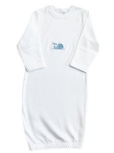 White baby gown with blue logo on a white background