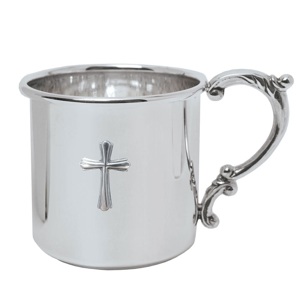 Sterling Silver Scroll Handle Baby Cup with Cross