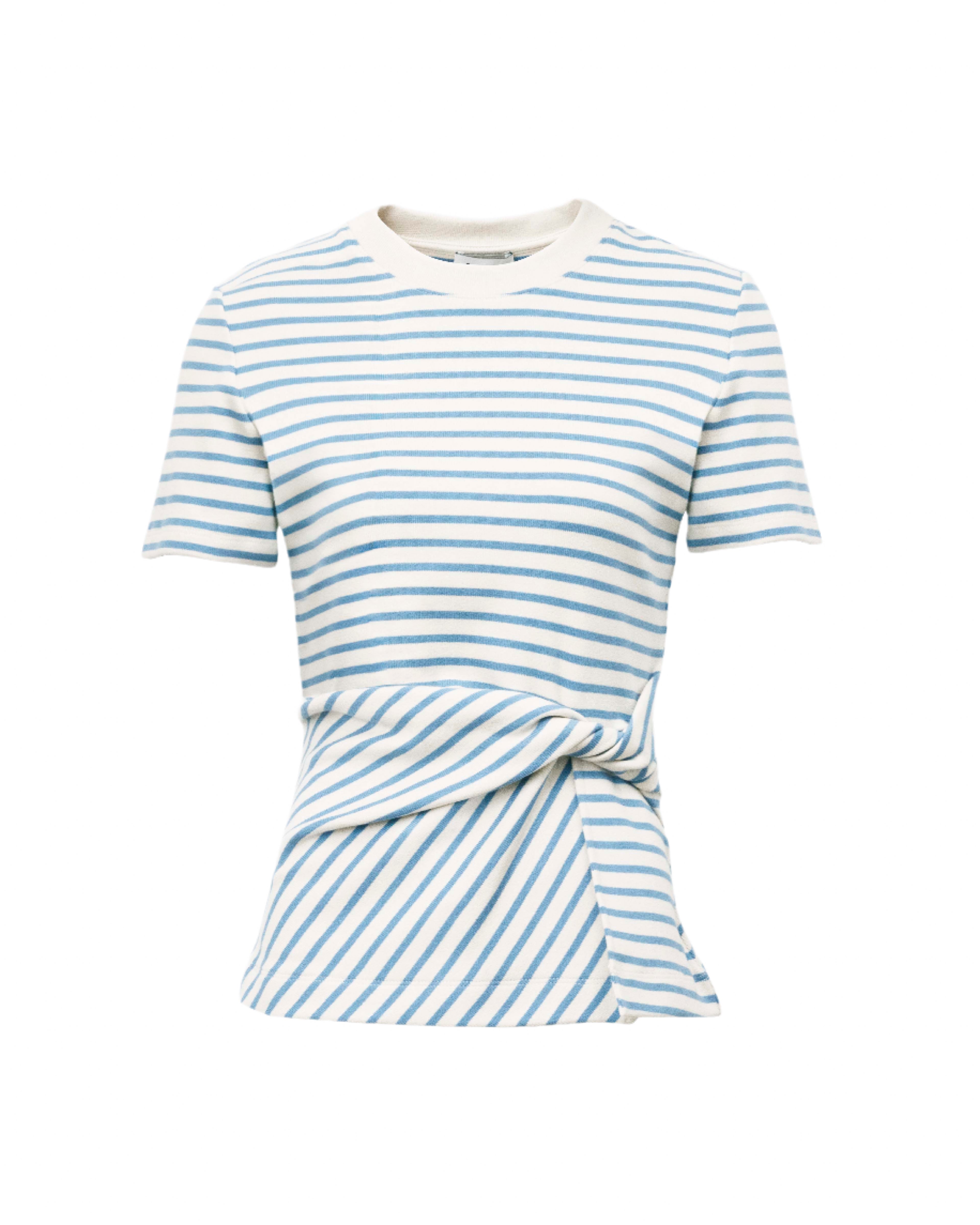 Short Sleeve Carlita Top in Cream & Blue Bird Thin Stripe