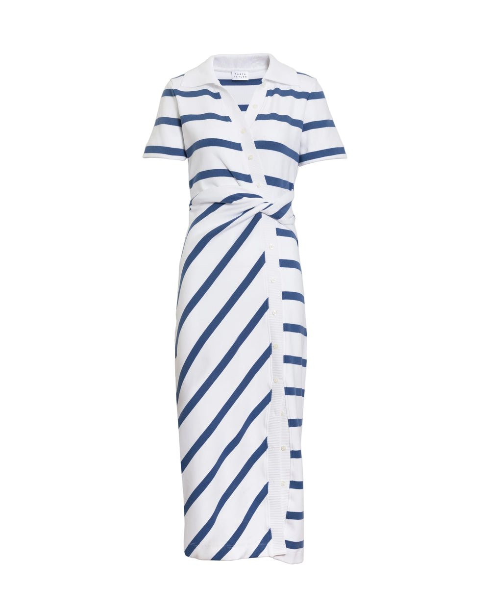 Front view of Ellicot dress with white and French blue stripes, polo collar, faux-button front and twist-knot waist on white