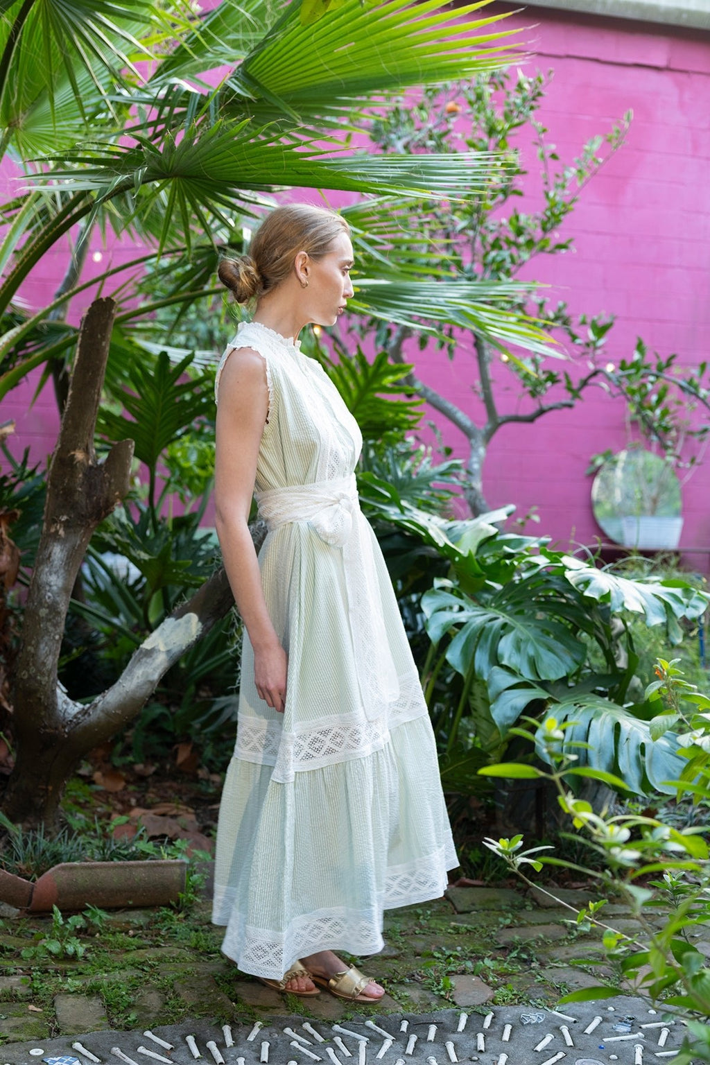 Sleeveless Flounce Dress in Sage Seersucker Lattice Crochet Lace