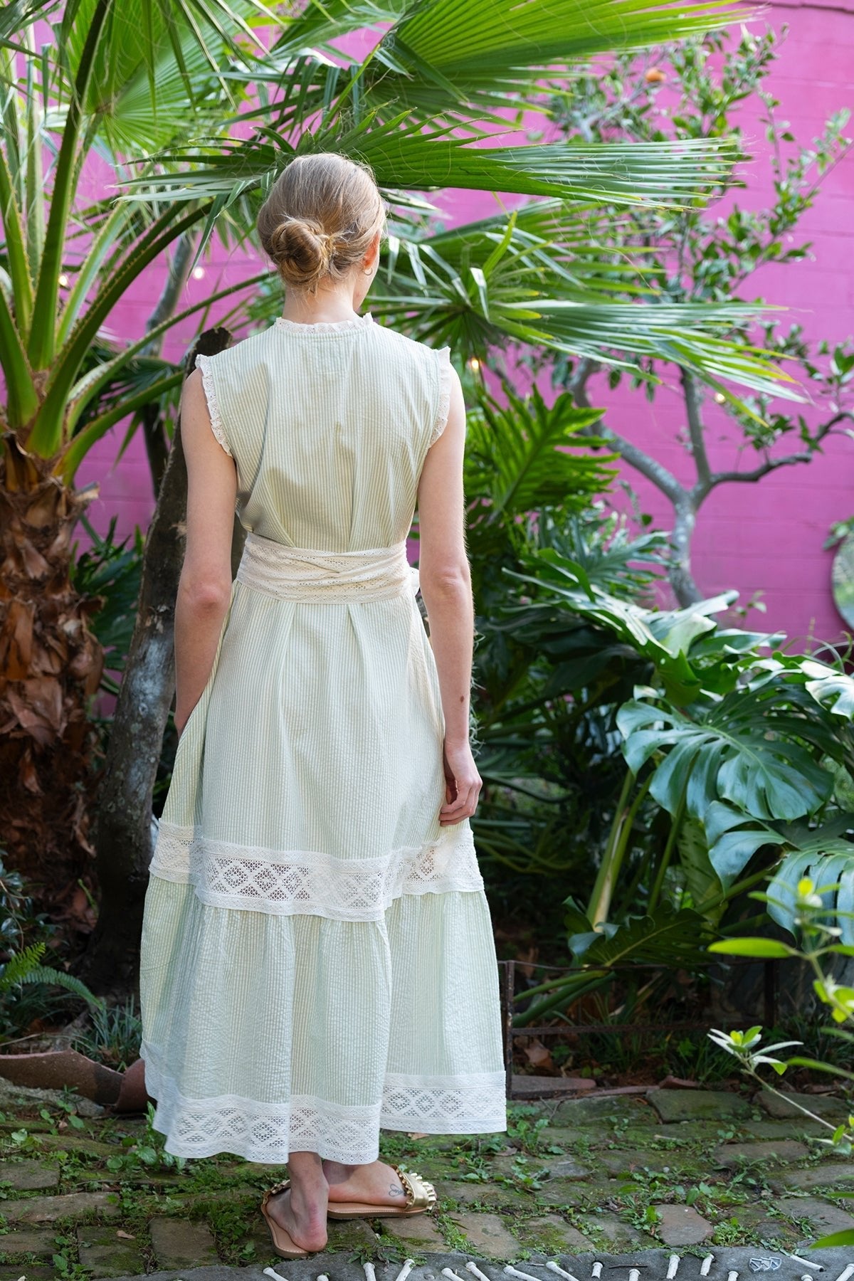 Sleeveless Flounce Dress in Sage Seersucker Lattice Crochet Lace