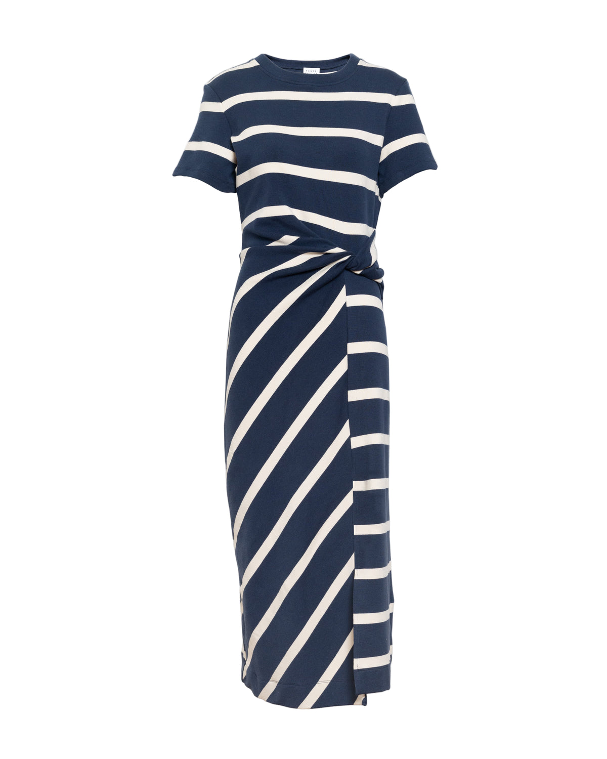Front view of Short Sleeve Striped Cody Dress in Maritime Blue and Cream showcasing rugby stripes and twist knot waist on white background