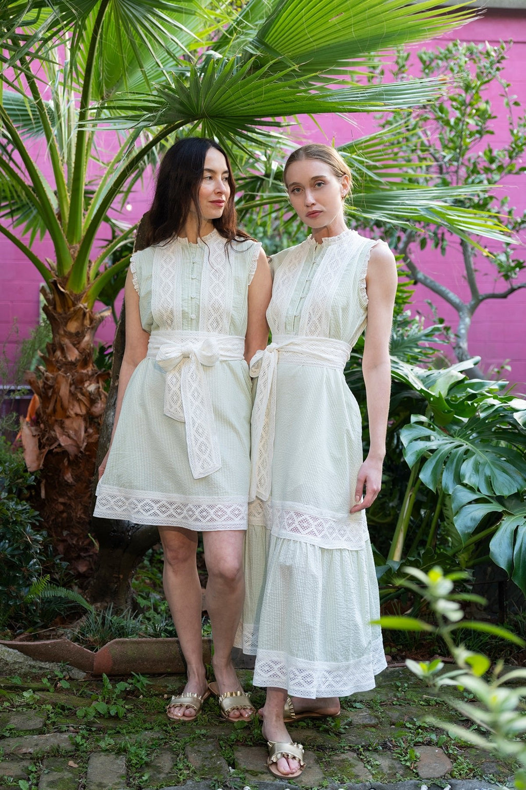 Sleeveless Flounce Dress in Sage Seersucker Lattice Crochet Lace