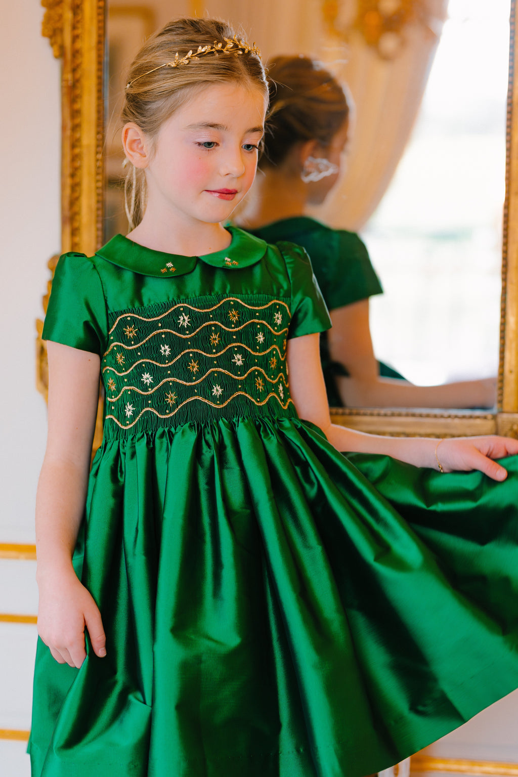 green dress with short sleeves Stella Green Silk Short Sleeve Smocked Dress 3T