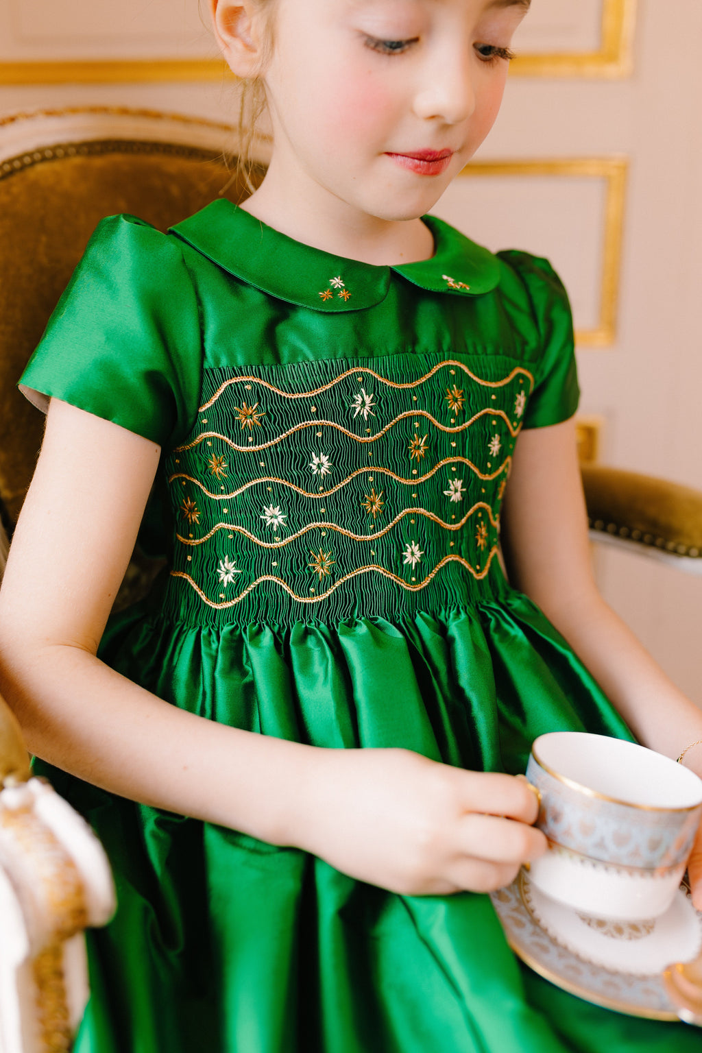 smocked dress green Embroidered Smocked Striped Maxi Dress