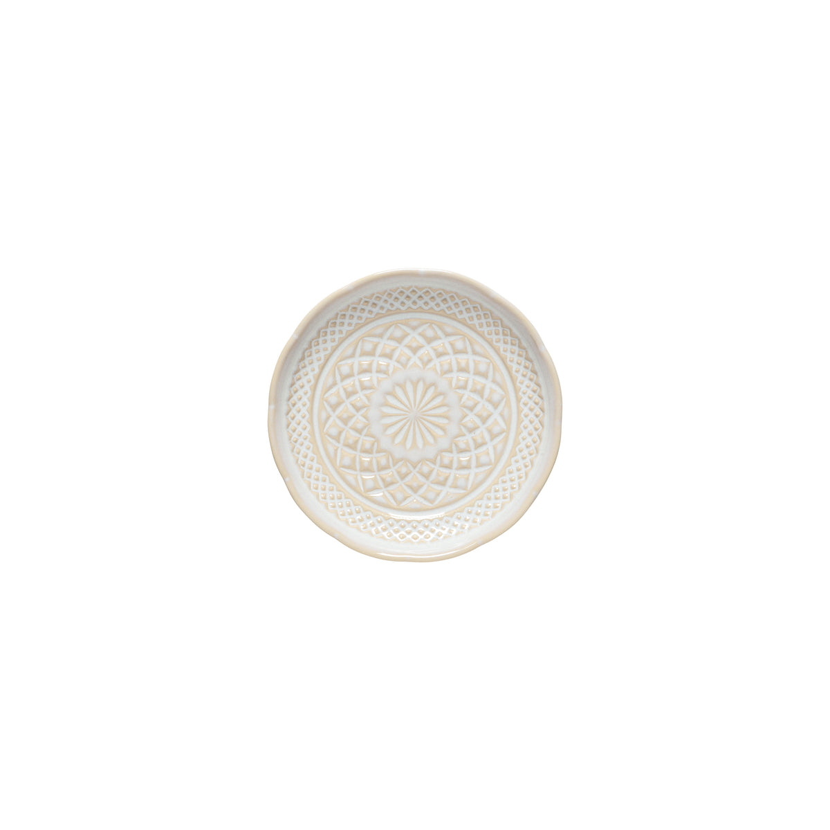 Top view of Cristal Collection appetizer plate showcasing luminous reactive glaze and crystal-inspired pattern on white background