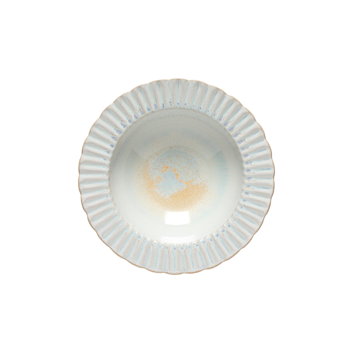 Top-down view of Cristal Collection pasta plate in Nacar showcasing fluted rim and pearlescent reactive glaze on white background