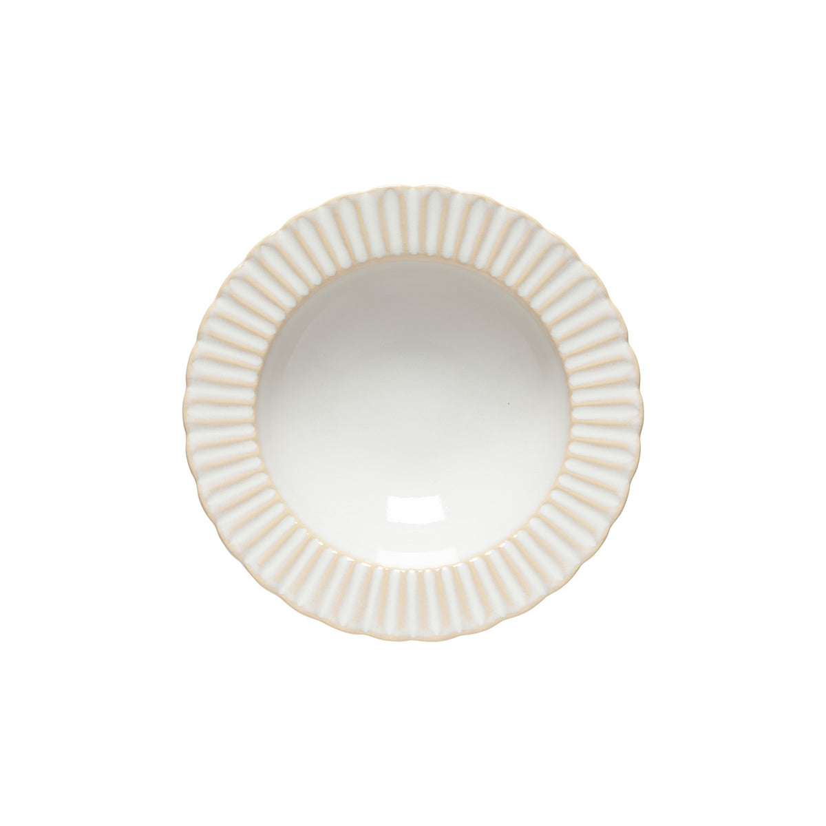 Top view of Cristal pasta plate showing scalloped textured rim and pearlescent white glaze on white background