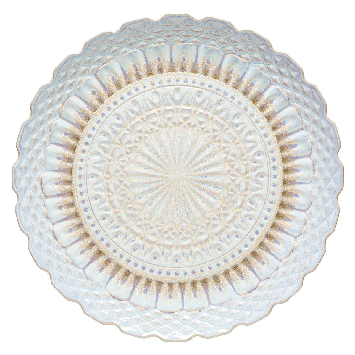 Top view of Cristal Collection Round Platter in Nacar with crystal-inspired pattern and luminous reactive glaze on white