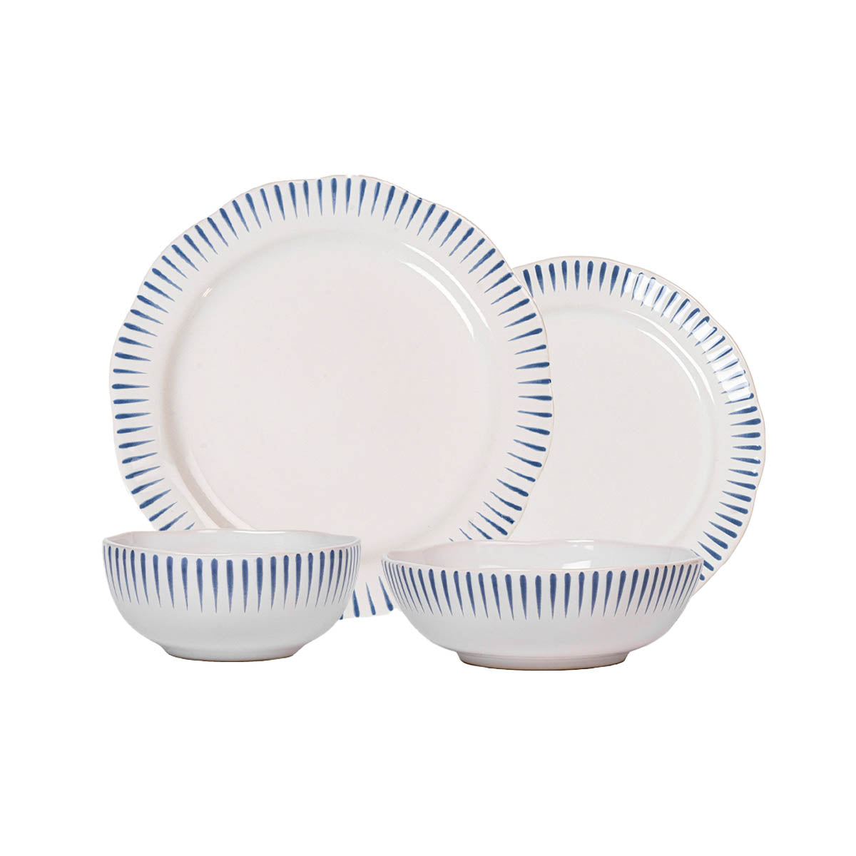 Front view of Sitio Stripe 4-Piece Place Setting in Delft Blue showcasing blue radiating stripes with a white background
