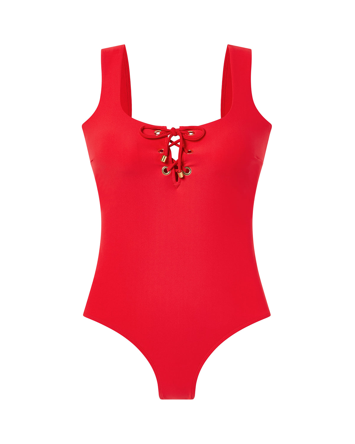 red dreamsculpt square neck one-piece lace-up tank swimsuit with tummy control on white background
