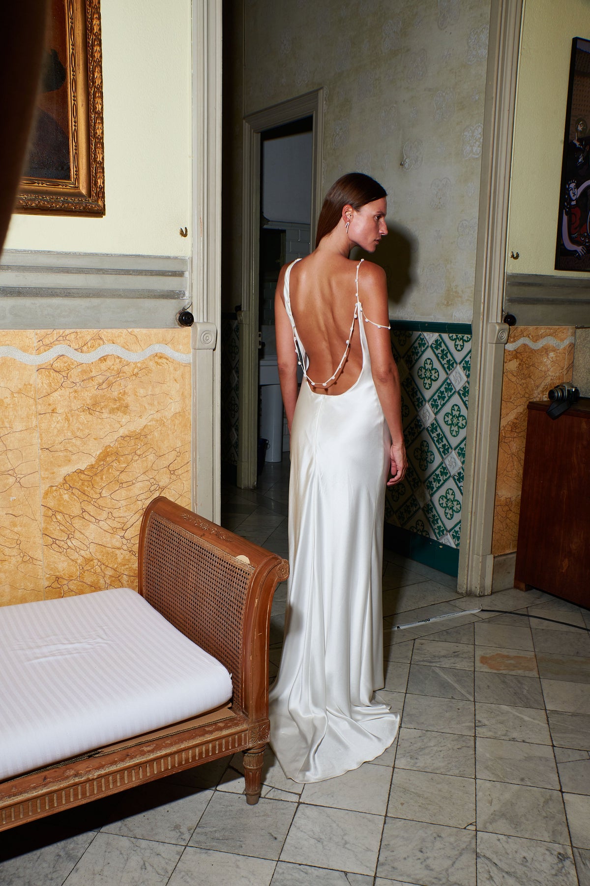Asymmetric Cowl Dress with Pearl Straps | STYLE 019